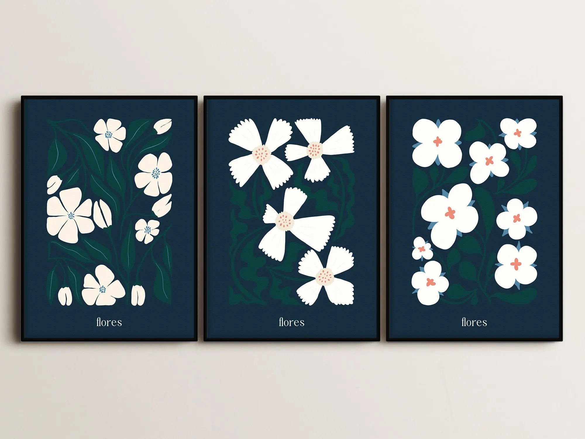 White And Blue Flowers Serie (3 Poster) 50x70cm im Holzrahmen SET004 frame4u